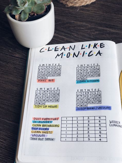 Clean like Monica Bujo Cleaning Tracker, Bullet Journal Cleaning Tracker, Cleaning Tracker, Boulet Journal, Clean Sheets, Hobbies To Try, Cleaning Mops, Weekly Cleaning, Journal Spreads