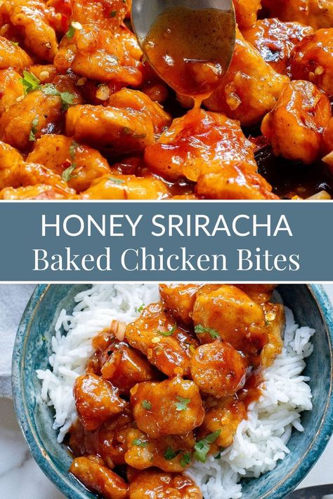 Baked Honey Sriracha Chicken Recipe Gluten Free Spicy Chicken Tenders, Spicy Honey Garlic Chicken Tenders, Hot Honey Chicken Bites, Siracha Chicken Recipes, Baked Honey Sriracha Chicken, Spicy Honey Garlic Chicken, Honey Siracha Chicken, Garlic Chicken Recipes Easy, Spicy Sriracha Chicken