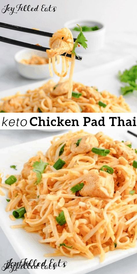 Keto Chicken Pad Thai - Gluten Free Low Carb Dairy Free Grain Free THM S - Chicken Pad Thai has all the flavors of the traditional rice noodle dish but with just a fraction of the carbs! A super easy meal for 4 and ready in just 30 minutes! #lowcarb #lowcarbrecipes #lowcarbdiet #keto #ketorecipes #ketodiet #thm #trimhealthymama #glutenfree #grainfree #glutenfreerecipes #recipes Gluten Free Pad Thai, Low Carb Dairy Free, Chicken Pad Thai, Dairy Free Snacks, Joy Filled Eats, Dairy Free Breakfasts, Resep Diet, Low Carb Diets, Dairy Free Diet