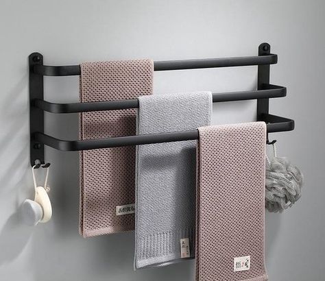 Towel Bar With Hooks, Kursi Ban, Toallero Ideas, Black Towel Bar, Bar Rail, Wall Mounted Towel Rack, Hand Towel Holder, Black Towels, Hanger Wall