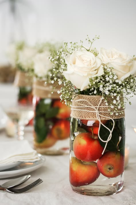 Apples Table Decor, Apple Theme Centerpieces, Apple Theme Wedding, Fall Apple Centerpieces, Apple Theme Bridal Shower Ideas, Fall Apple Centerpieces For Table, Apple Shower Theme, Fall Apple Table Decor, Apple Orchard Decor