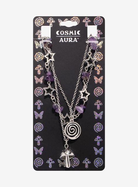 Keep your look mystical with this necklace set! It features silver-tone necklaces with a swirling pendant  a mushroom pendant  and a necklace made of stars and purple beads.16"  18"  19" + 3" extenderNickel-free alloy; acrylicSet of 3Imported Silver Necklace With Pendant, Purple Accessories Jewelry, Cosmic Aura, Star Swirl, Purple Gifts, Swirl Necklace, Purple Stuff, Purple Accessories, Mushroom Pendant