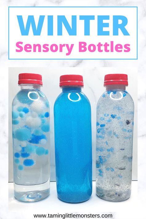 Easy Winter Sensory Bottles for Kids - Taming Little Monsters Winter Sensory Bottles, Winter Sensory Play, January Lesson Plans, Winter Sensory Bin, Winter Activities For Toddlers, Winter Sensory, Winter Lesson Plan, Simple Paper Flower, Winter Science