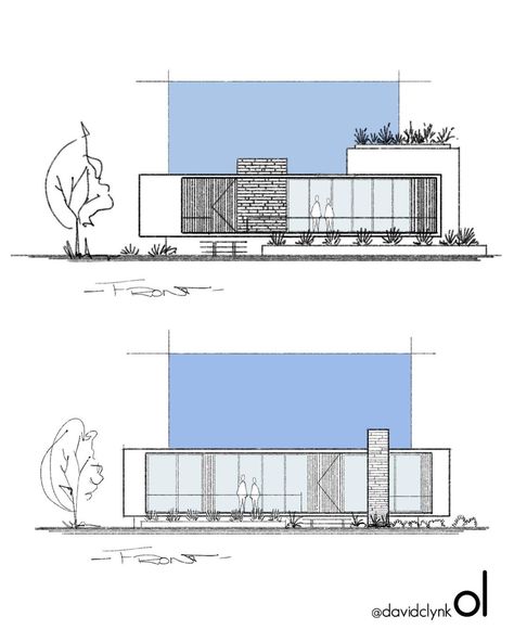 Elevation Sketch Architecture Hand Drawn, Elevation Sketch Architecture, Bungalow Sketch, Elevation Architecture Drawing, Architecture Drawing Tutorial, Architecture Elevation Drawing, Facade Sketch, Modern House Design Plans, Modern Facade Design