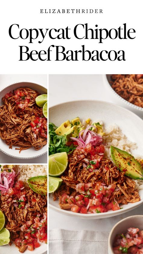 Make this flavorful and tender Chipotle Barbacoa at home! Perfect for tacos, burrito bowls, or meal prep, this slow-cooked shredded beef is infused with smoky chipotle, garlic, and lime. It's a must-try recipe for Mexican food lovers looking to elevate their meals. Save this pin for your next dinner inspiration! Chipotle Adobo Chicken, Copycat Chipotle Barbacoa, Chipotle Barbacoa Recipe, Chipotle Barbacoa, Chipotle Copycat Recipes, Chipotle Copycat, Chipotle Recipes, Copycat Chipotle, Barbacoa Recipe