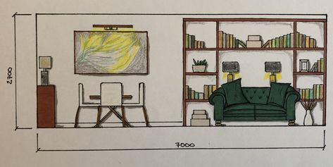 Rendering Elevation Technical Drawings ... Interior Section Drawing, Elevation Drawing Interior, Interior Elevation Drawing, Elevation Rendering, Sketch Interior Design, Elevation Sketch, Hand Rendering, Interior Design Portfolio Layout, Interior Design Sketchbook