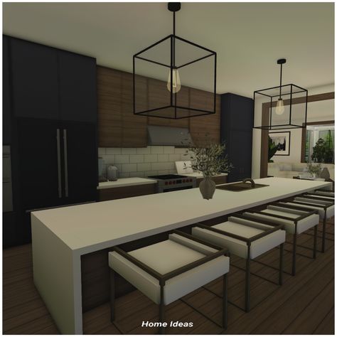 Sleek Modern Bloxburg House, Bloxburg Kitchens Ideas, Modern Kitchen Inspo Bloxburg, Modern House Kitchen Bloxburg, Bloxburg House Interior Ideas Kitchen, Realistic Modern Kitchen Bloxburg, Blocksburg Kitchen Ideas Modern, Bloxburg Kitchen Modern Ideas, Bloxburg House Kitchen Ideas Modern