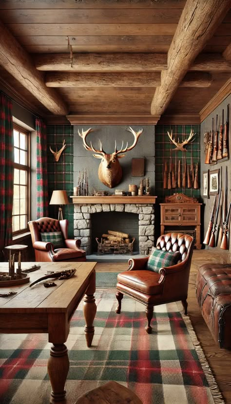 21 Jaw-Dropping Man Cave Decor Ideas You Must See to Believe! 🕶️🎱 English Hunting Lodge Decor, Mounted Deer Head, Hunting Lodge Interiors, Man Cave Decor Ideas, Whisky Room, Hunting Cabin Decor, Lodge Aesthetic, Hunting Lodge Decor, Rustic Man Cave