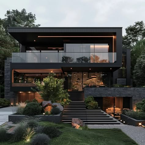 Modern Glass House Architecture, Dark Wood Modern House, Dark House Modern, Grey Modern House, Modern 3 Story House, Dark Modern House Exterior, Dark Modern Interior, Glass Homes, Dark Home Exterior