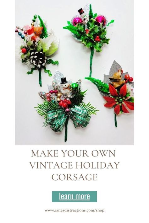 Check out this tutorial on how to make your own vintage style holiday corsage in my shop at Janes's Distractions dot com. Corsage Tutorial, Corsage Diy, Christmas Corsage, Fake Leaves, Diy Corsage, Christmas Vignettes, Holiday Pins, Paper Glue, Pipe Cleaners