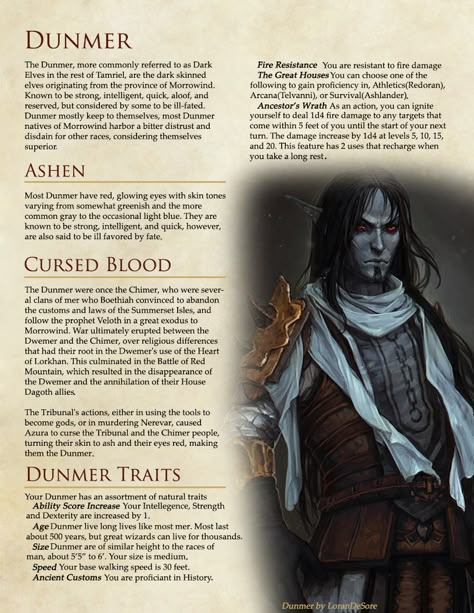 The Elder Scrolls Races in DnD Version 2  - Album on Imgur Elder Scrolls Dunmer, Skyrim Dnd, Elder Scrolls Races, Skyrim Races, Skyrim Lore, Homebrew Races, Elder Scrolls Lore, Dungeons And Dragons Races, Evelynn League Of Legends