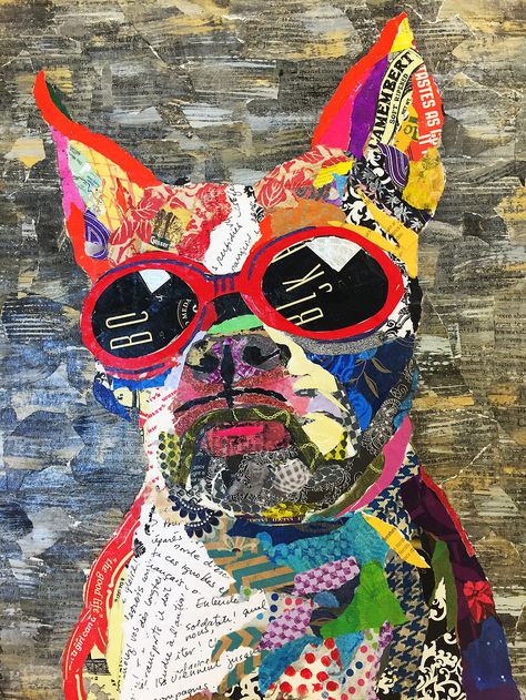 D'Artemis SOLD Karla Schuster, Collage Animals, Torn Paper Collage, Collage Quilts, Paper Collages, Newspaper Art, Dog Quilts, Collage Art Projects, Magazine Collage