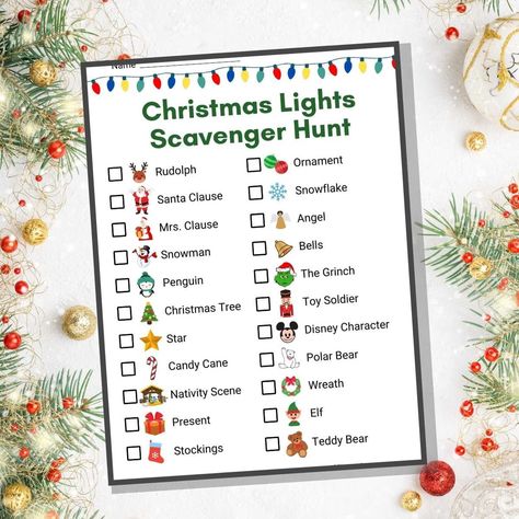 Scavenger Hunt With Pictures, Christmas Lights Scavenger Hunt, Scavenger Hunt Christmas, Christmas Games Printable, Christmas Light Scavenger Hunt, Treasure Hunt Games, Christmas Scavenger Hunt, Scavenger Hunt Games, Grinch Christmas Tree