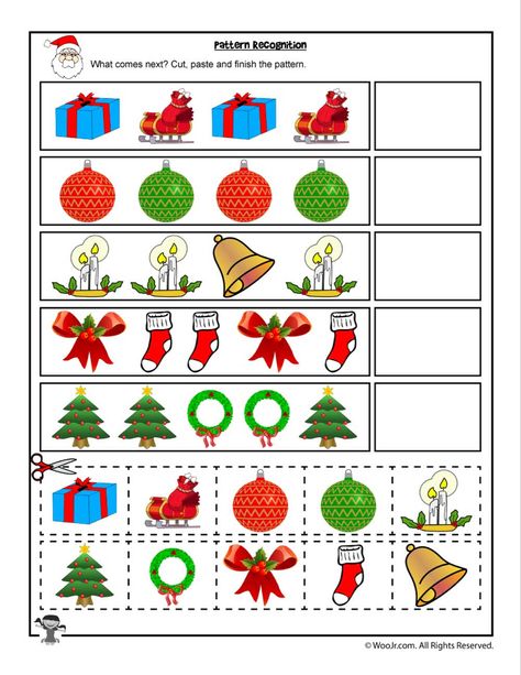 Cut and Paste Christmas Pattern Recognition Worksheet | Woo! Jr. Kids Activities Preschool Christmas Worksheets, Free Printable Christmas Worksheets, Christmas Worksheets Kindergarten, Pattern Worksheets For Kindergarten, Preschool Counting Worksheets, Christmas Math Worksheets, Preschool Christmas Activities, Holiday Worksheets, Pattern Worksheet