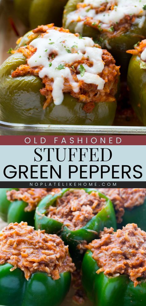 Out of Sunday dinner ideas? Make these Old-fashioned Stuffed Green Peppers for an easy dinner recipe for the family! Stuffed with a cheesy, ground beef, rice, and tomato sauce mixture. Pin this easy comfort food recipe! Easy Stuffed Green Peppers With Ground Beef, Stuffed Green Bell Peppers Ground Beef, Stuff Green Peppers Recipes Simple, Recipe For Stuffed Green Peppers, Stuffed Peppers With Hamburger And Rice, Stuffed Green Peppers With Ground Beef And Rice, Stuffed Bell Peppers To Freeze, Crockpot Stuffed Green Peppers, Stuff Green Peppers Ground Beef