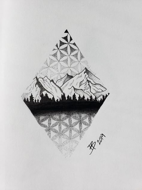 Geometric Landscape Tattoo, Landscape Tattoo Design, Geometric Nature Tattoo, Dotwork Tattoo Design, Wilderness Tattoo, Berg Tattoo, Geometric Mountain Tattoo, Adventure Tattoo, Mountain Tattoo Design