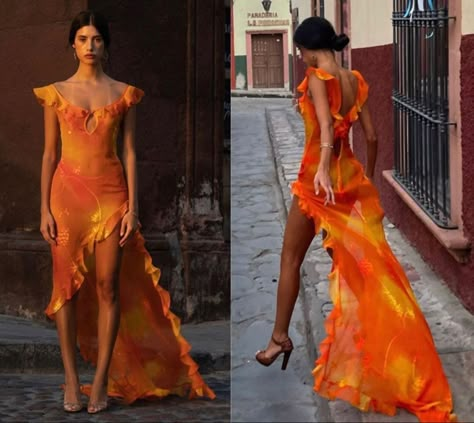 Metallic Beach Outfit, A Line Dress Aesthetic, Orange Dress Aesthetic, Brazil Dress, Sunset Dress, Latin Fashion, Mirror Palais, Long Summer Dresses Maxi, Dress Aesthetic