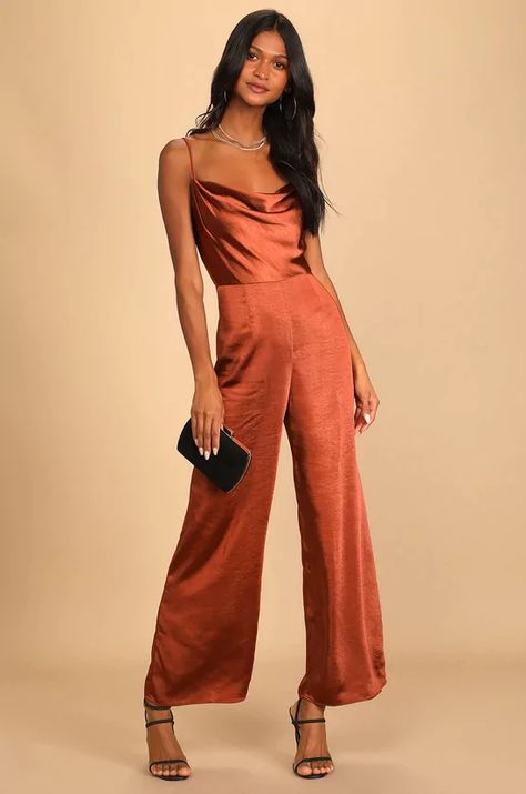 Dressy Pants Outfits For Wedding Guest, Female Officiant Attire Wedding, Wedding Jumpsuit Guest, Cocktail Chic Attire, Copper Jumpsuit, Casual Cocktail Outfit, Women Cocktail Attire, Wedding Additions, Dressy Jumpsuit Wedding