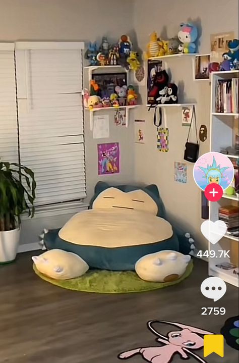 Cartoon Room Ideas, Snorlax Room Decor, Plushies In Room, Totoro Furniture, Cute Things To Have In Your Room, Anime Apartment Decor, Pokemon Room Aesthetic, Room With Plushies, Small Facial Room