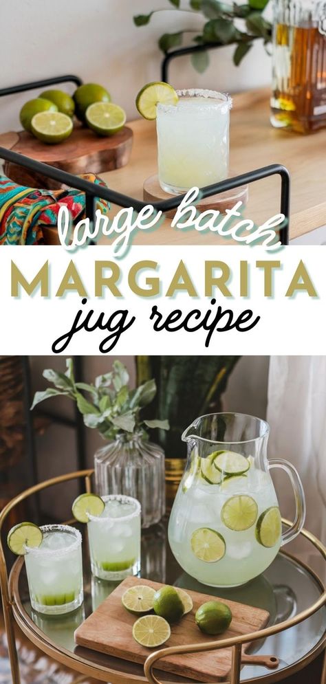 A stylish setup with a pitcher of margarita and glasses on a bar cart, great for a margarita jug recipe for large gatherings. Tequila Pitcher Drinks, Large Batch Margarita Recipe, Large Batch Cocktails, Cocktail Party Planning, Pitcher Margarita Recipe, Big Batch Cocktails, Pitcher Cocktails, Pitcher Drinks, Traditional Margarita