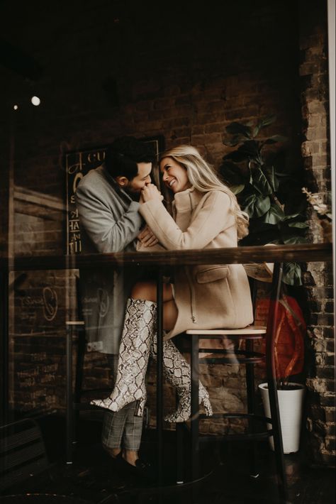 Coffee Engagement Shoot, Coffee Shop Proposal, Coffee Shop Engagement Photoshoot, Coffee House Engagement Photos, Coffee Shop Date Photoshoot, Coffee Date Engagement Shoot, Engagement Photos With Food, Coffee Shop Family Photoshoot, Cafe Engagement Shoot