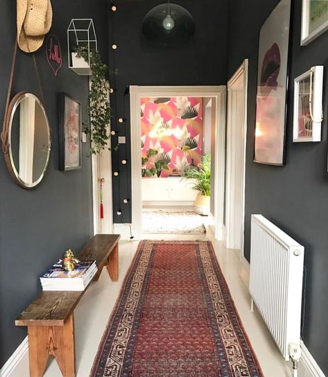 Eclectic Hallway, Grey Hallway, Hallway Colours, Dark Hallway, Dark Grey Walls, Hallway Inspiration, Entryway Inspiration, Design Hallway, Entrance Modern