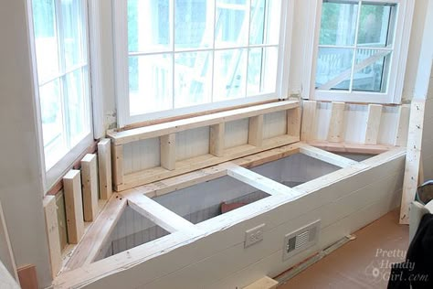 framing_out_back window bench tutorial pretty handy girl Sitting Window Bench Seat, Landscaping Bay Window, Bay Window Built In Bench, Bay Window Seat With Storage, Townhome Renovation, Mud Closet, Bay Window Storage, Bay Window Seating, Bay Window Seating Kitchen