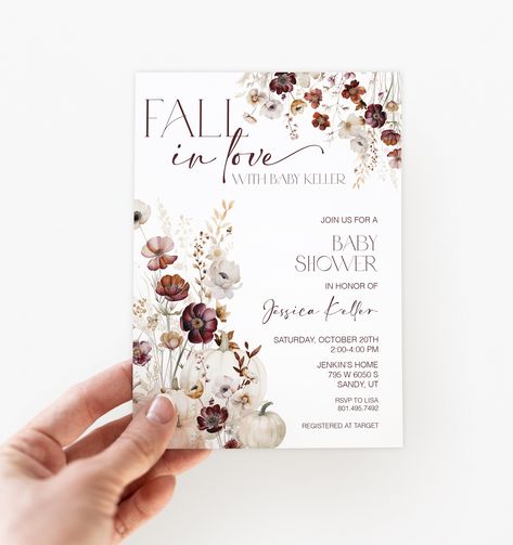 EDITABLE Fall in Love Baby Shower Invitation  Florals and Pumpkins Baby Shower Invitation Printed Invite or Digital Download Template Capture the essence of sweet anticipation with our invitation featuring a beautiful flower and pumpkin baby shower invite. Set the mood for a beautiful fall shower. See my entire shop! https://www.etsy.com/shop/toyoufrommeinvites See more Baby Shower Invitations! https://www.etsy.com/shop/toyoufrommeinvites?section_id=33167781 Edit your items at Corjl.com right after purchasing. - No waiting! You'll have access to your item right after purchasing. - No need to download any software. Personalize this item right in your browser. - Personalize using your computer, or make basic edits using your phone or mobile device. -Easy to use platform. Approve your proof i Pumpkin Invitation, Bloom Flowers, Baby In Bloom, Baby Shower Flowers, Pumpkin Baby, Baby Shower Pumpkin, Flower Invitation, Burgundy Flowers, Baby Shower Fall