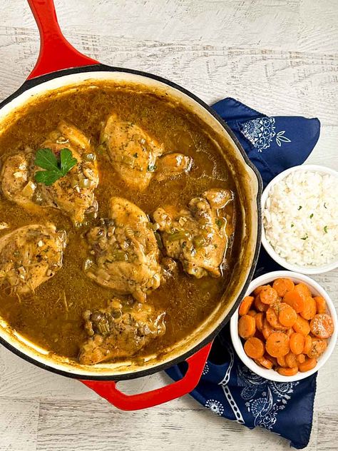 Cajun Chicken Fricasse Recipe, Creole Stewed Chicken, Chicken Fricasse Recipe Cajun, Cajun Rice And Gravy, Cajun Chicken Gravy, Rice And Gravy Recipes Cajun, Fricasse Chicken, Chicken Fricassee Recipe, Cajun Chicken Stew