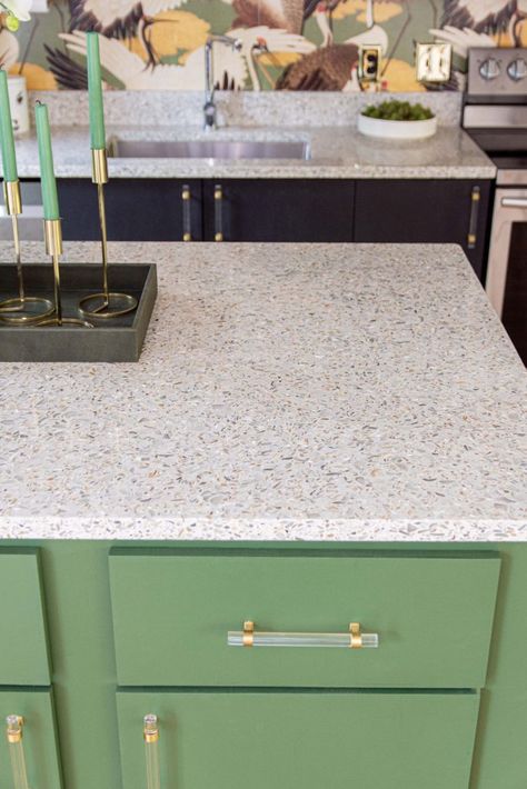 Modern kitchen makeover with Vetrazzo terrazzo countertops, black cabinets, and green island on Thou Swell #kitchen #kitchendesign #kitchenideas #modernkitchen #vetrazzo #terrazzo #countertops #polycor Terrazzo Kitchen Island, Terrazzo Kitchen Countertops, Terrazzo Countertops, Modern Kitchen Makeover, Terrazzo Countertop, Terrazzo Kitchen, Olive Green Kitchen, Countertops Black, Large Open Plan Kitchens