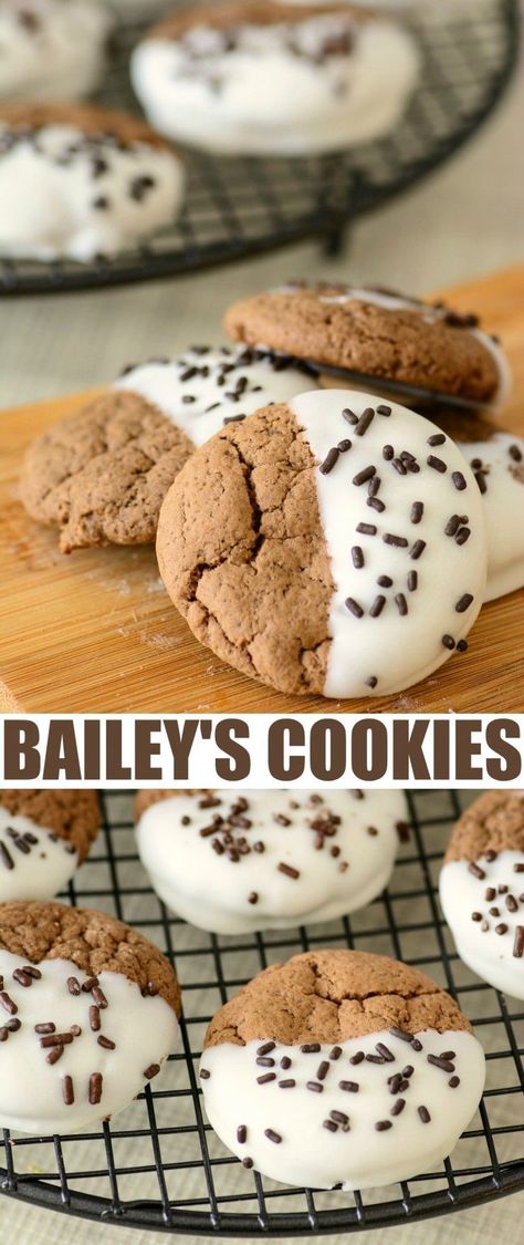 This is absolutely the best Bailey's Chocolate Dipped Cookies Recipe for a delicious St. Patrick’s Day dessert incorporating Bailey’s Irish Cream. Cupcakes White, Baileys Recipes, Chocolate Dipped Cookies, Cookie Sandwich, Dessert Vegan, Boozy Desserts, Dipped Cookies, Baileys Irish, Irish Recipes