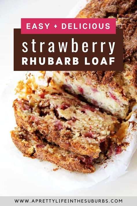 Fresh strawberry and rhubarb mixed into a cinnamon swirl cake base, make up this delicious Strawberry Rhubarb Loaf! Strawberry Rhubarb Recipes Healthy, Rhubarb Loaf, Healthy Rhubarb Recipes, Strawberry Rhubarb Cake, Strawberry Rhubarb Muffins, Strawberry Rhubarb Recipes, Cinnamon Swirl Cake, Rhubarb Bread, Cinnamon Loaf