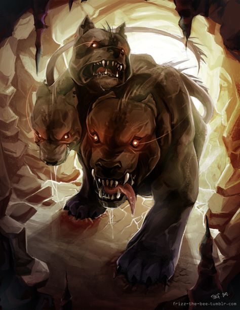 >> ...while * Cerberus' ears lift slightly at the sound of someone giving name to his master in M-O-R-E than just a normal tone of voice... Mythical Monsters, Werewolf Art, Greek And Roman Mythology, Greek Mythology Art, Canine Art, Roman Mythology, Legendary Creature, Mythical Beast, Mythology Art