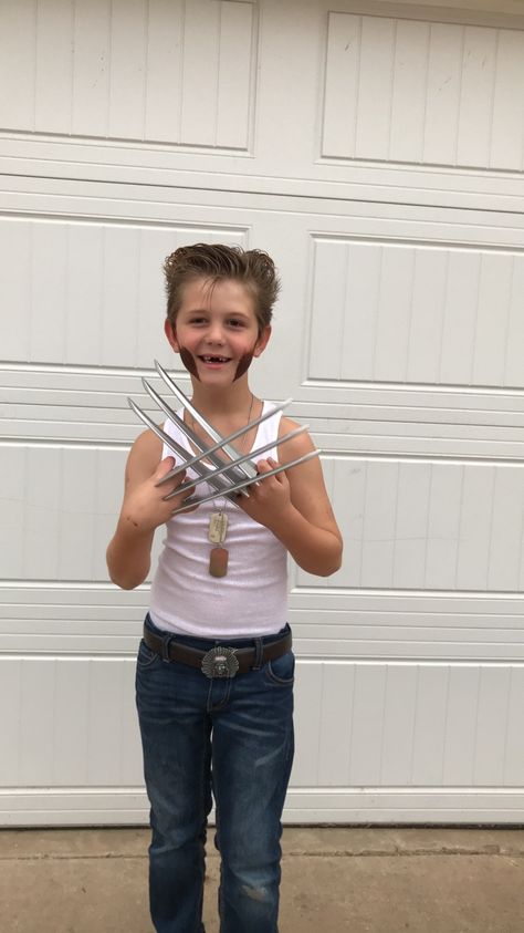 DIY Logan Wolverine halloween costume. Easy Diy Boy Halloween Costume, Kids Wolverine Costume, Diy Wolverine Costume Kids, Diy Boy Halloween Costume Kids, Girl Wolverine Costume, Wolverine Diy Costume, Easy Boy Costumes Diy, Diy Costumes Boys, Diy Wolverine Costume