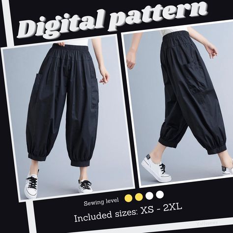 Wide Leg Pattern Pants, Parachute Pants Sewing Pattern, Balloon Pants Pattern, Baggy Pants Pattern, Loose Pants Pattern, Harem Pants Sewing Pattern, Harem Pants Diy, Wide Leg Pants Sewing Pattern, Harem Pants Pattern