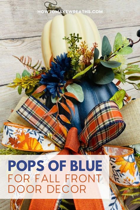 Get ready for fall with this vibrant door decor idea that mixes blue and orange for a fresh take on autumn colors. Our easy-to-follow guide will help you create a stunning entrance for your home. Click to get started! Navy Orange Fall Decor, Blue Orange Fall Decor, Fall Decor Blue And Orange, Blue And Orange Pumpkin Decor, Blue And Orange Fall Decor, Blue And Orange Fall Wreath, Orange Fall Decor, Blue Fall Decor, Fall Front Door Decor