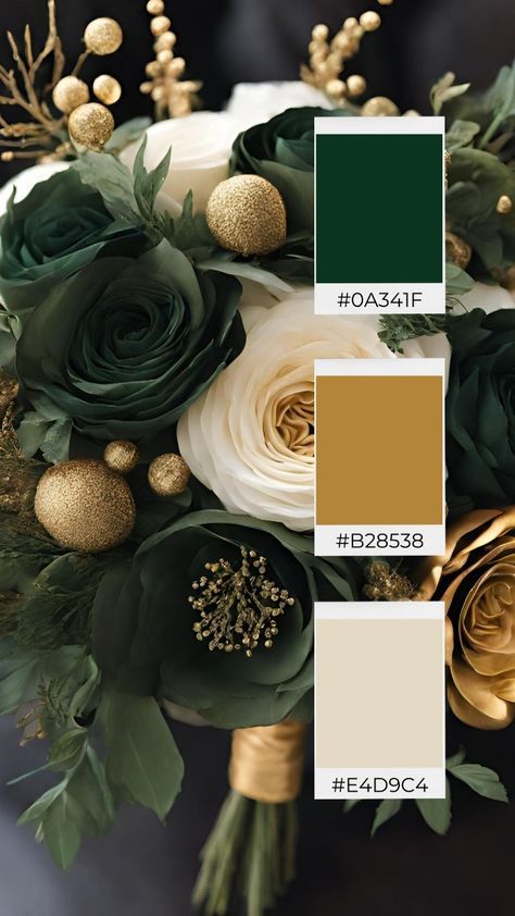 Emerald And Gold Color Scheme, Forest Green Cream Gold Wedding, Dark Green And Pale Yellow Wedding, Emerald And Gold Wedding Colors, Wedding Colors Gold And Green, Fall Wedding Color Schemes Green, Forest Green And Gold Color Palettes, Emerald Wedding Pallet, Summer Wedding Green Color Schemes