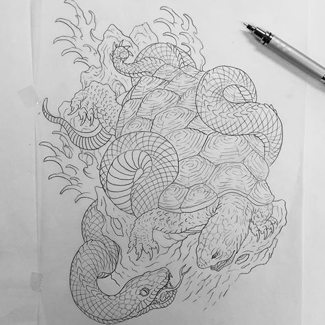 Snake Reference, Tortoise Tattoo, Dragon Turtle, Turtle Tattoo Designs, Thanh Long, Japan Tattoo Design, Snake Tattoo Design, Fu Dog, Ocean Tattoos