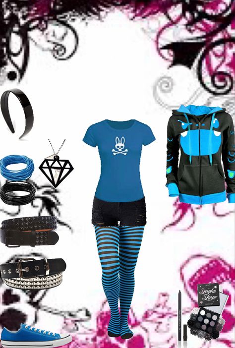 Emo scene alternative fashion Black And White Scene Outfit, Blue Scene Outfits, Blue Emo Wallpaper, Blue Emo Outfits, 2000 Emo Fashion, Scene Jeans, Scene Boy Outfit, Scene Fashion 2000s, Early 2000s Emo Fashion