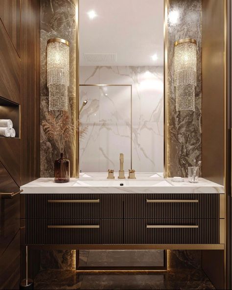 Glam Bathroom Vanity, Penthouse Bathroom, Vanity Design Ideas, Floor Vanity, Dark Green Bathrooms, Custom Bathroom Cabinets, Bathroom Washbasin, Glam Bathroom, Bathroom Cabinets Designs