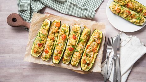 Foods That Contain Fiber, Summer Produce Recipes, Zucchini Boats Recipe, Spaghetti Squash Lasagna, Zucchini Boat Recipes, Stuffing Ingredients, Produce Recipes, Shrimp And Vegetables, Pecorino Cheese