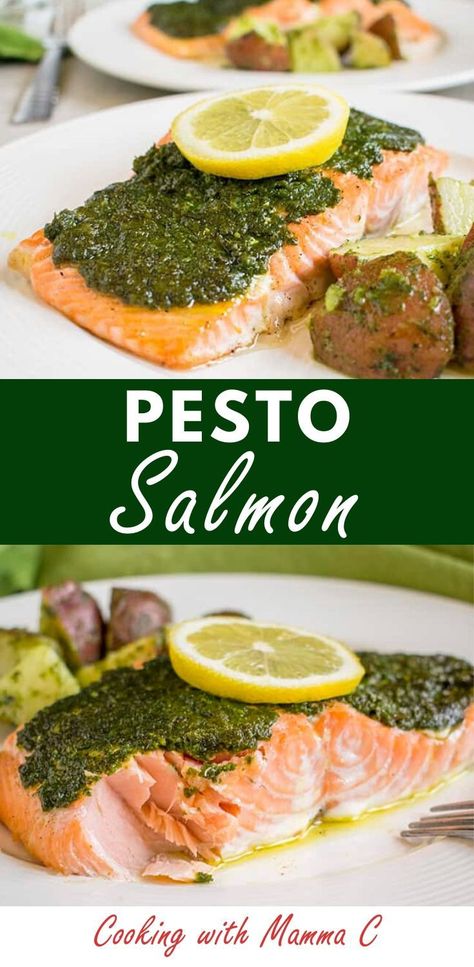 Pesto Salmon Quinoa Bowl, Fish With Pesto, Baked Salmon With Pesto Sauce, Grilled Pesto Salmon Recipes, Baked Salmon Pesto, Salmon With Pesto Pasta, Basil Salmon Recipes, Salmon And Pesto Recipes, Salmon With Pesto Baked