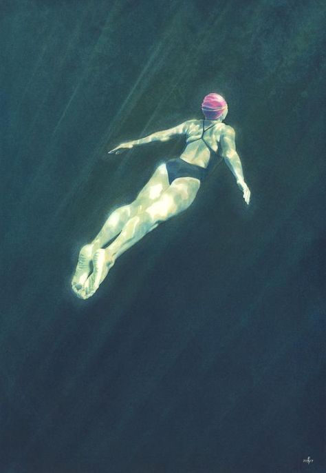 ''Out of the Blue''from a painting by Nancy Farmer (me!)This is a signed gallery-quality print of one of my paintings. The original was in watercolour and shows a swimmer gliding through the incredibly clear water of the deep quarry lake at Vobster Quay (where I swim).The image size is 12 x 17 inches / about 30.5 x 43 cm.Art by Nancy Farmer on WaterDrawn:I have a website of all my swimming-related artwork at www.waterdrawn.com...Art and design inspired by my love of swimming under the sky. Swimmer Pictures, Person Swimming Underwater, Swimming Poses Drawing, Swimming Reference, Swimmer Photography, Swim Painting, Swimming Pose, Swimming Poses, Swimming Drawing