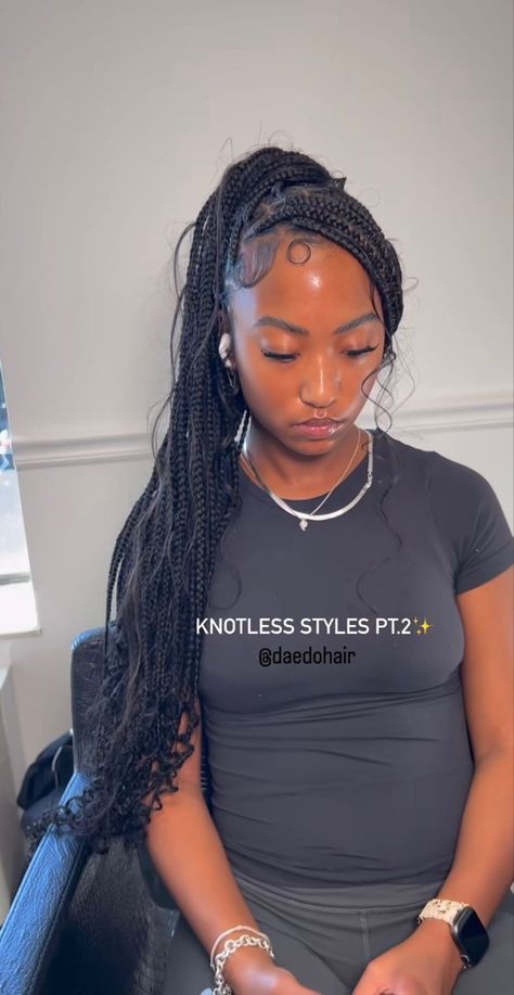 Jada Wayda Knotless Braids, Black Bodysuit Outfit For School, Large Box Braids With Knots, Bohemian Knotless Braids With Design, Medium Bohemian Knotless Braids With Color, Bohomeian Knotless Box Braids, Jet Black Braids, Braids With Leave Out, Dark Skin Hair Color Ideas Black Women