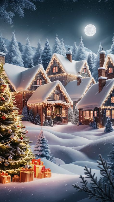 This digitally crafted Christmas wallpaper showcases a serene winter wonderland, centered around a quaint snow-covered village. Cozy cottages adorned with twinkling holiday lights create a warm and inviting atmosphere. In the foreground, a festively decorated Christmas tree boasts sparkling ornaments and glowing lights, bringing holiday cheer. The village, surrounded by a picturesque forest of frosted pine trees, adds depth and beauty to the scene. Falling snowflakes and gentle snowfall envelop the landscape, while a clear, starry night sky with a radiant full moon casts a soft, luminous glow. The warm, inviting color palette captures the essence of holiday cheer and winter tranquility, making it an enchanting backdrop for the festive season. Christmas Tree Light Up, Snow Covered Christmas Trees, Winter Retreat, Cozy Cottages, Happy New Year Pictures, Santa's Village, Winter Wonderland Christmas, Married Christmas, Starry Night Sky