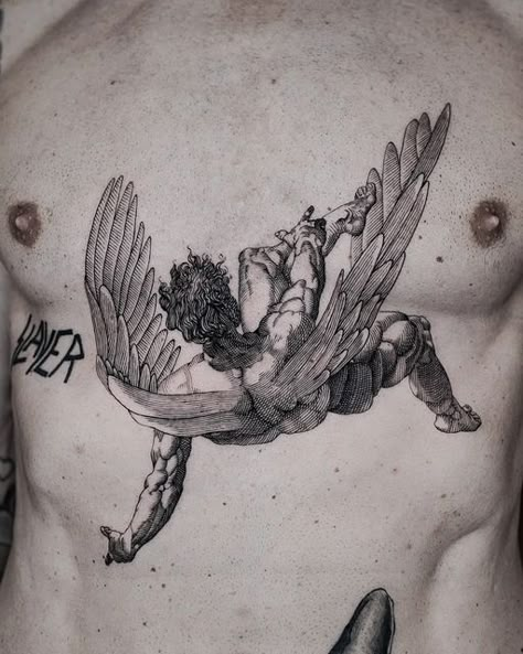 Icarus Chest Tattoo Men, Icarus Chest Tattoo, Falling Angel Tattoo For Men, Fall Of Icarus Tattoo Design, Icarus Falling Drawing, Falling Man Tattoo, Falling Angel Drawing, Icarus Falling Tattoo, Fall Of Icarus Tattoo