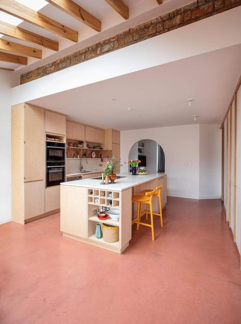 Kitchen extension in Bristol Colored Kitchen Floor, Pink Concrete Floor, Concrete Flooring Ideas, Sustainable Kitchen Design, Pink Concrete, White Worktop, Birch Cabinets, Plywood Kitchen, Sustainable Kitchen