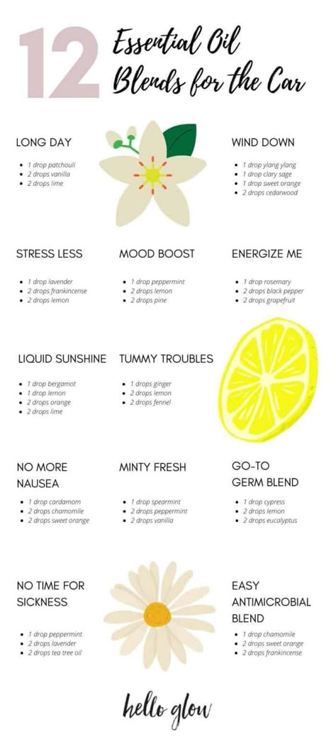 12 Essential Oil Diffuser Blends for the Car - Hello Glow Car Sick Essential Oil Blend, Diy Car Air Freshener Spray, Doterra Car Diffuser Blends, Car Perfume Diy, Essential Oil Air Freshener Recipes, Car Essential Oil Blends, Essential Oil Car Freshener Recipe, Essential Oil Car Diffuser Diy, Diy Essential Oil Blends Recipes