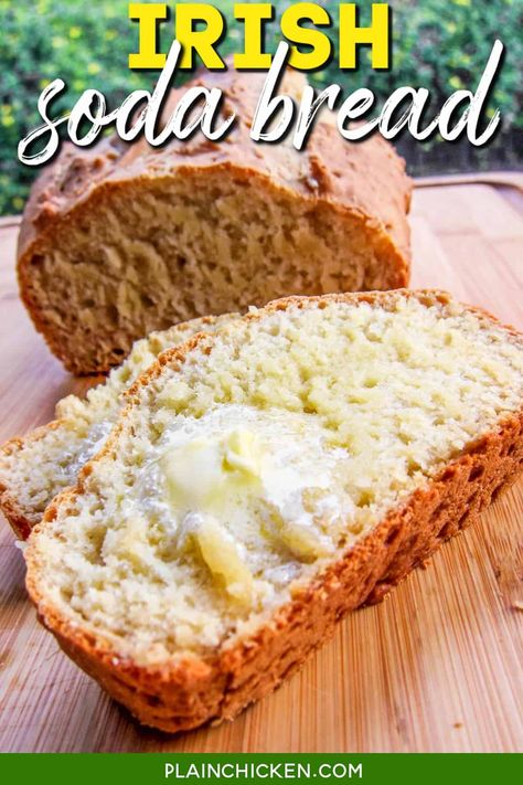 Irish Soda Bread - an easy no-yeast bread with only 4 simple ingredients! Flour, salt, baking soda, and buttermilk. Ready to eat in under an hour! Can mix in some raisins, currants, or caraway seeds. Great for your St. Patrick's Day dinner! #bread #noyeast #noknead #stpatricksday #buttermilk Crazy Dough, All Purpose Flour Recipes, Bread With Butter, No Yeast Bread, A Loaf Of Bread, Homemade Bread Recipes Easy, Homemade Bread Easy, Biscuit Rolls, Plain Chicken