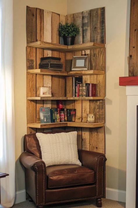 "Create functional storage with DIY Corner Shelves for small spaces! 🛠️📚 Ideal for decluttering and organizing. #SmallSpaceDIY #StorageSolutions #ShelvingIdeas" Corner Book Shelf Ideas Aesthetic, Diy Corner Bookshelf, Book Shelves In Bedroom, Corner Storage Ideas, Corner Shelves Bedroom, Room Corner Ideas, Shelves For Small Spaces, Diy Corner Shelves, Rustic Corner Shelf